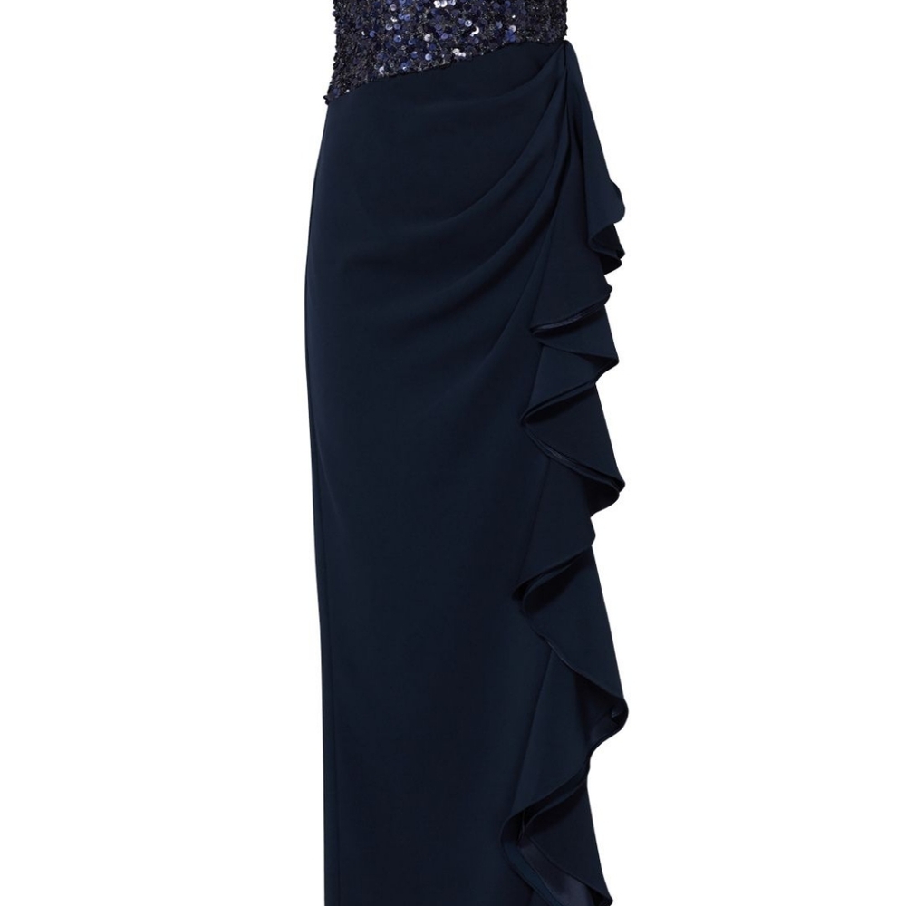 Badgley Mischka Navy Blue Strapless Sequins Ruffle Long Gown Dress Size 12 - Picture 11 of 16